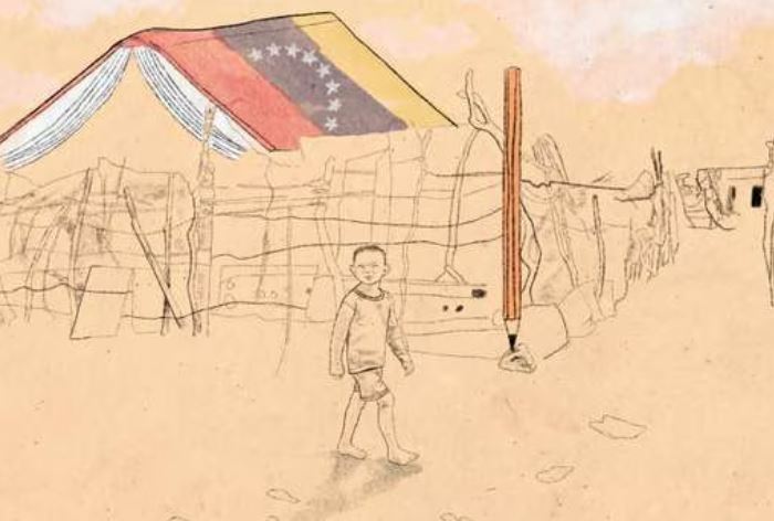 Ni&ntilde;o migrante caminando en un campamento temporal