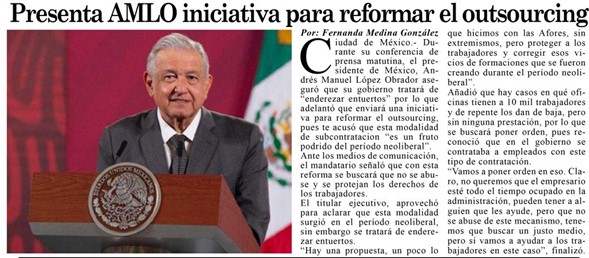 Fotografía del artículo sobre la iniciativiva de AMLO para reformar el outsourcing